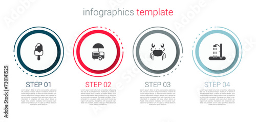 Set Ice cream, Fast street food cart, Crab and Beach shower. Business infographic template. Vector
