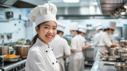 Young Asian female cook in professional restaurant kitchen, team of cooks in the background
