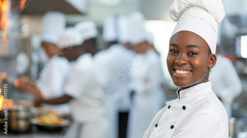 Cheerful happy African American female cook in restaurant kitchen