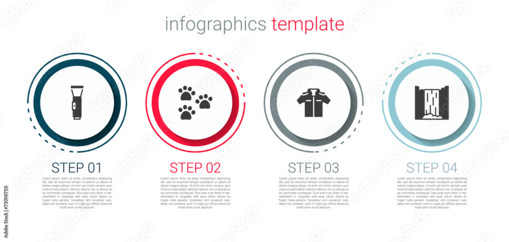 Set Flashlight, Paw print, Shirt and Waterfall. Business infographic template. Vector Set Flashlight, Paw print, Shirt and Waterfall. Business infographic template. Vector