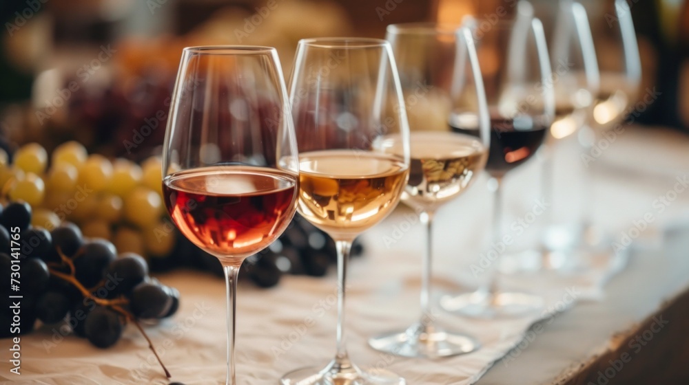 A wine-tasting event, showcasing a flight of wines with tasting notes and grape varieties