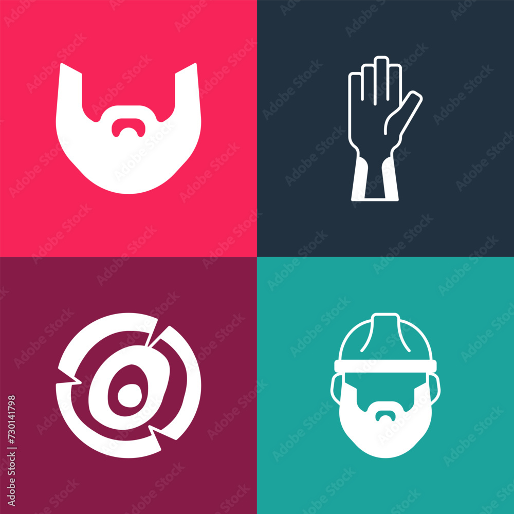 Fototapeta premium Set pop art Lumberjack, Wooden logs, Protective gloves and Mustache and beard icon. Vector