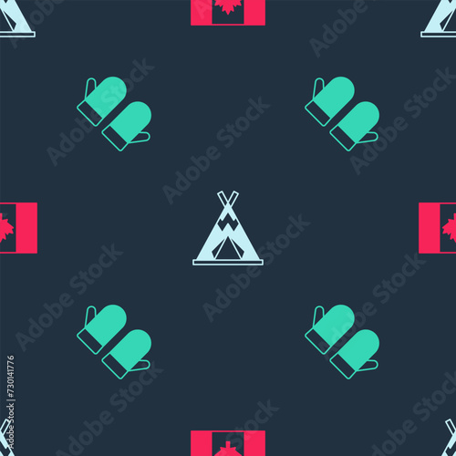 Set Flag of Canada, Indian teepee or wigwam and Christmas mitten on seamless pattern. Vector
