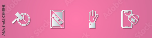 Set paper cut Auction hammer, painting sold, Hand holding auction and Online icon. Paper art style. Vector
