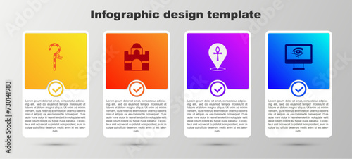 Set Crook, Egyptian house, Cross ankh and Eye of Horus on monitor. Business infographic template. Vector