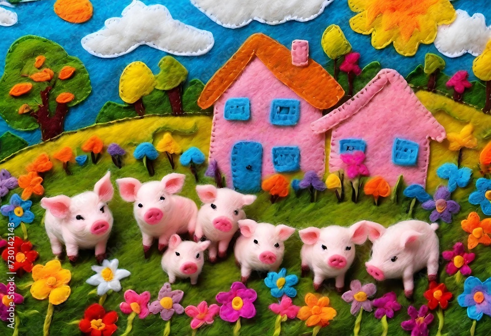 many piglets in the lettuce garden, with multi-colored flowers, houses, nature, bright sky many piglets in the lettuce garden, with multi-colored flowers, houses, nature, bright sky