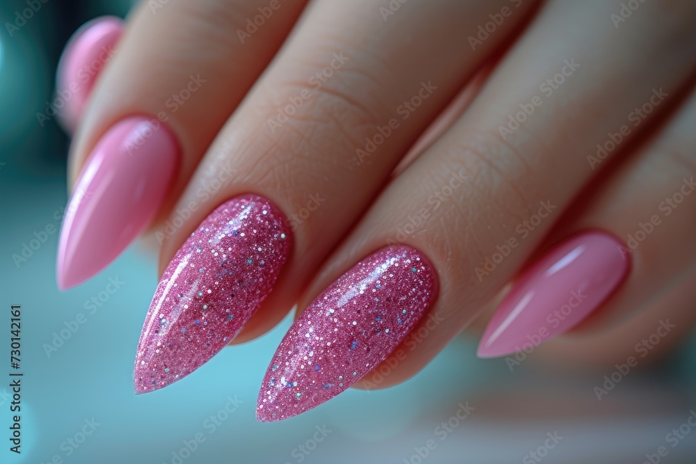 Nails Design. Hand With Bright pink Manicure On blue Background. Close Up Of Female Hands With Trendy Nails. Art Nail. Nails Design. Hand With Bright pink Manicure On blue Background. Close Up Of Female Hands With Trendy Nails. Art Nail.