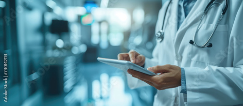 A healthcare worker in a lab coat is focused on a tablet computer in a modern hospital corridor, symbolizing digital innovation in medicine.