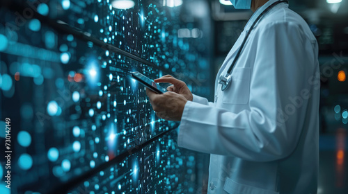 In a server room filled with data racks, a medical professional uses a tablet to analyze information, blending healthcare with advanced technology.