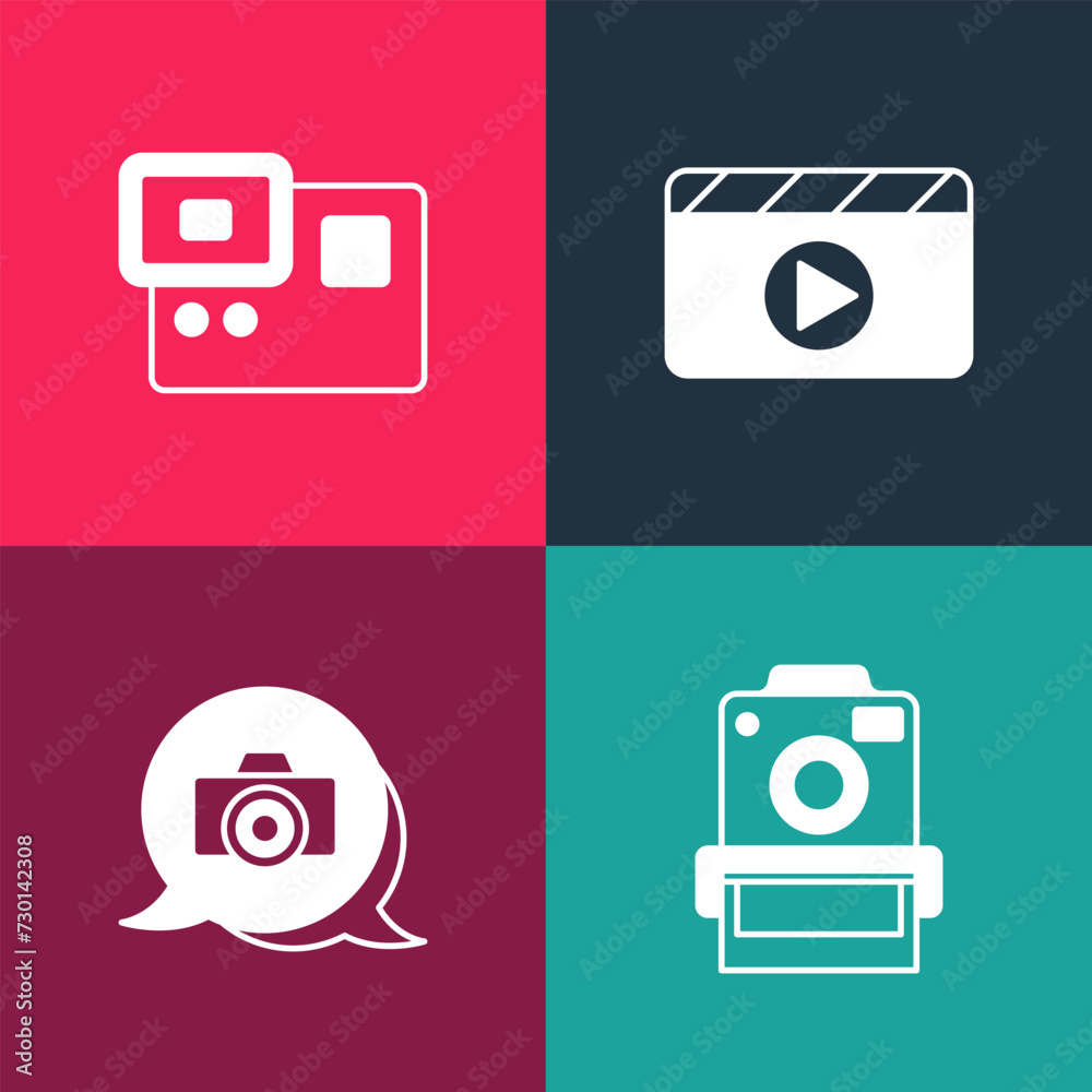 Set pop art Photo camera, Movie clapper and Action extreme icon. Vector Set pop art Photo camera, Movie clapper and Action extreme icon. Vector