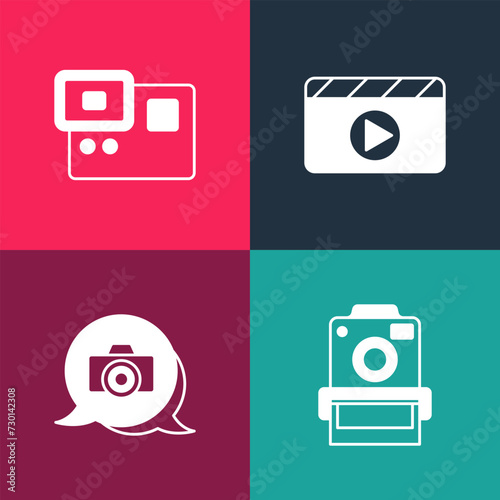 Set pop art Photo camera, Movie clapper and Action extreme icon. Vector