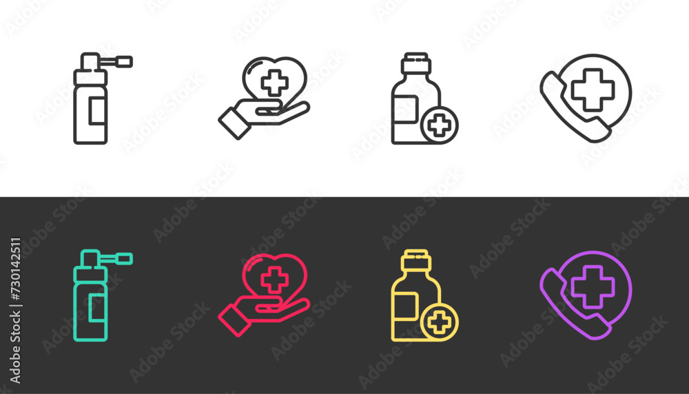 Set line Bottle with nozzle spray, Heart cross, of medicine syrup and Emergency phone call to hospital on black and white. Vector Set line Bottle with nozzle spray, Heart cross, of medicine syrup and Emergency phone call to hospital on black and white. Vector