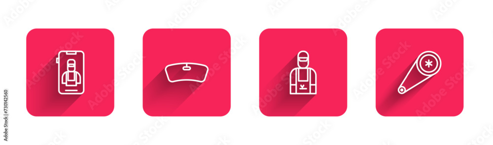 Set line Online car services, Windshield, Car mechanic and Timing belt kit with long shadow. Red square button. Vector Set line Online car services, Windshield, Car mechanic and Timing belt kit with long shadow. Red square button. Vector