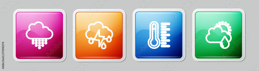 Set line Cloud with rain, and lightning, Meteorology thermometer and sun. Colorful square button. Vector Set line Cloud with rain, and lightning, Meteorology thermometer and sun. Colorful square button. Vector