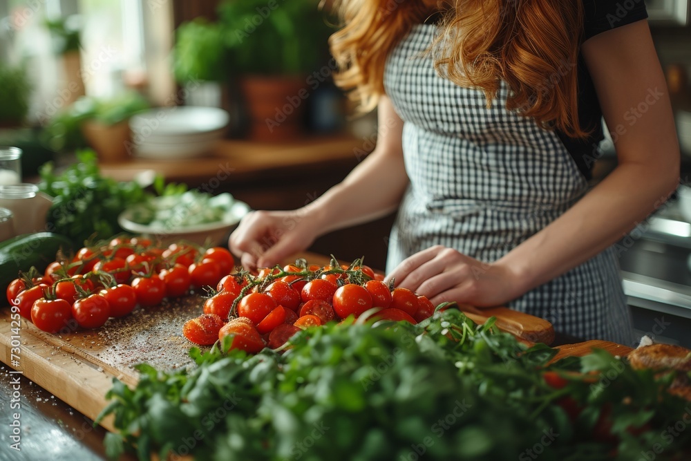 In her kitchen, a woman carefully prepares a fresh vegetarian salad, showcasing colorful vegetables for a healthy diet. In her kitchen, a woman carefully prepares a fresh vegetarian salad, showcasing colorful vegetables for a healthy diet.