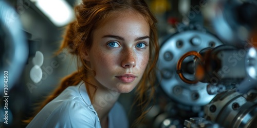 Young Caucasian woman poses for a close-up portrait, showing off her natural beauty during work hours.