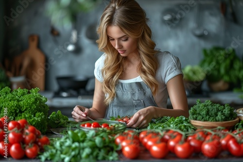 A young woman prepares a fresh vegetable salad in her home kitchen  promoting a healthy lifestyle and proper nutrition.