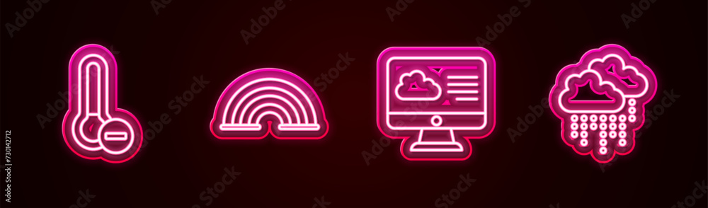 Set line Meteorology thermometer, Rainbow, Weather forecast and Cloud with rain. Glowing neon icon. Vector