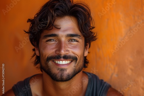 A confident, happy Hispanic man with a toothy smile stands against a brown background, exuding joy.