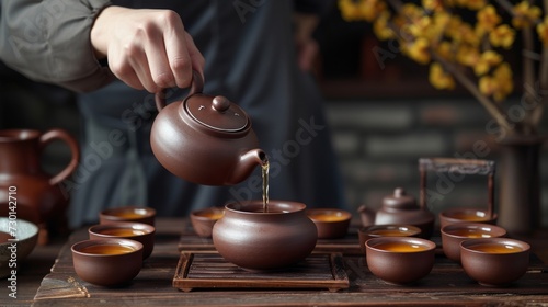 A tea master pouring tea from a tall ceramic teapot into small cups during a Chinese tea ceremony