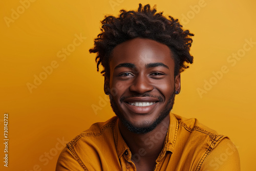 Cheerful young African American man posing against yellow background, radiating confidence and happiness.