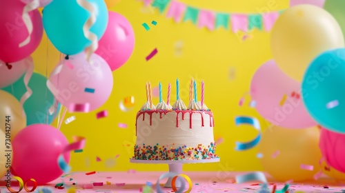 A vibrant and colorful birthday party setting with balloons, streamers, and a festive cake
