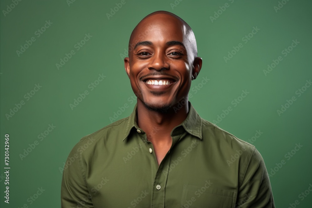 Portrait of a happy young african american man smiling against green background