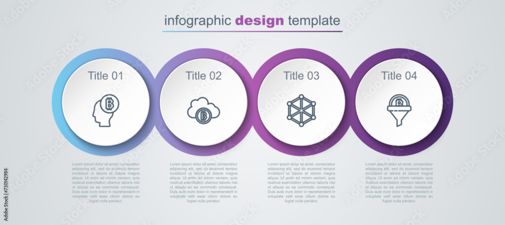 Set line Bitcoin think, Cryptocurrency cloud mining, Blockchain technology and Sales funnel with bitcoin. Business infographic template. Vector