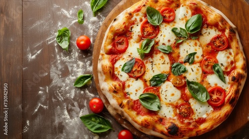 A traditional margherita pizza with a blistered crust, tomatoes, basil, and mozzarella