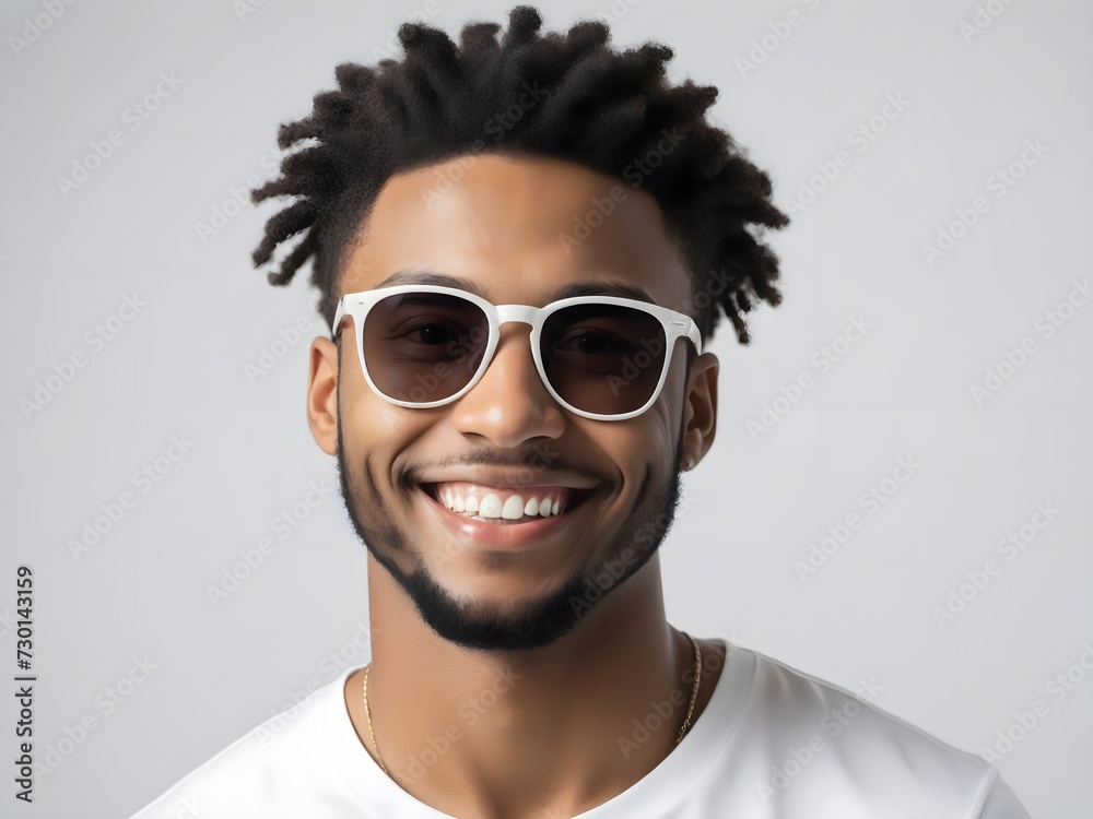 smiling afroamerican man in shades white monochrome portrait