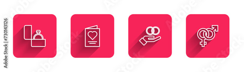 Set line Diamond engagement ring, Greeting card, Wedding rings and Gender with long shadow. Red square button. Vector