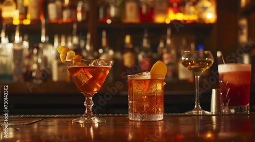 A vintage bar scene featuring classic cocktails like the Old Fashioned and Martini