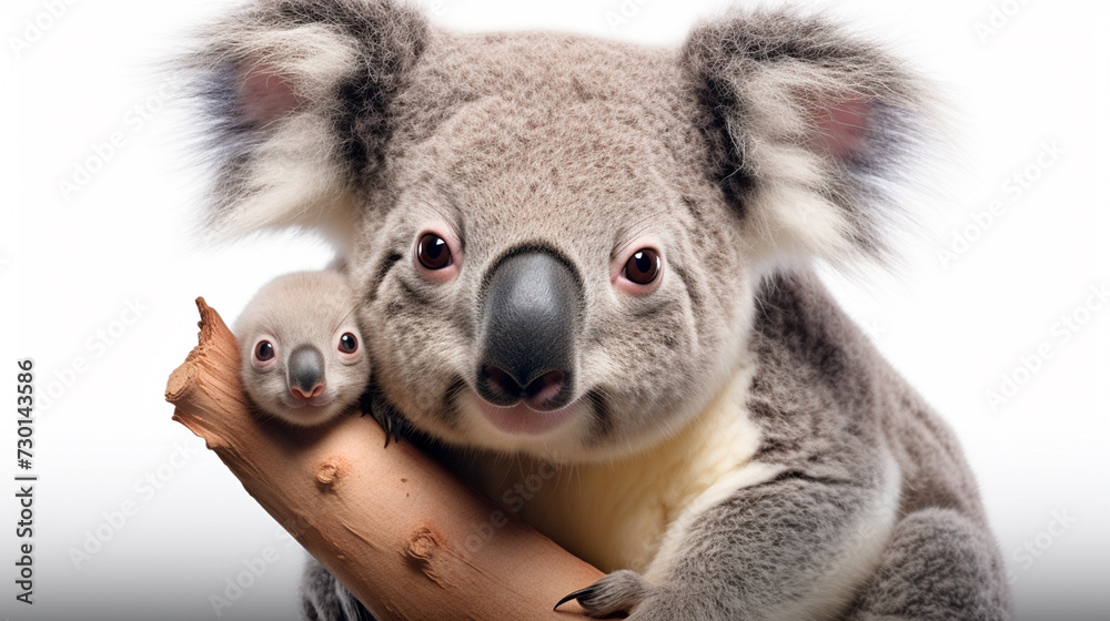 Fototapeta premium a koala holding a baby koala on a branch