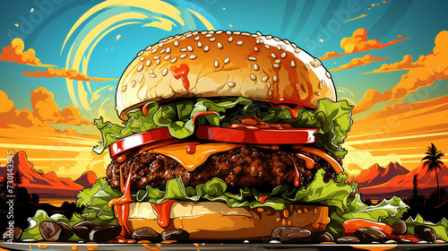 Paper tablecloths with the image of a burger in the style of pop art. Vintage color background. Generative AI