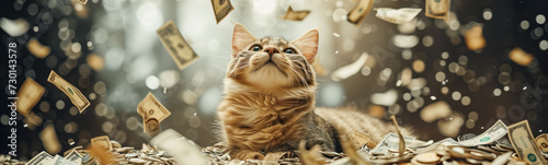 Cute fluffy kitty under rain of falling banknotes. Blogging concept. photo