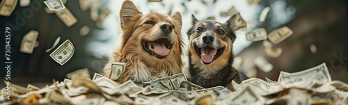 Cute fluffy pets under rain of falling banknotes. Blogging concept. photo