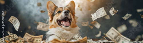Cute fluffy pet under rain of falling banknotes. Blogging concept. photo