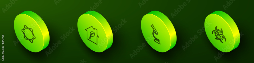 Set Isometric line Molecule, Eco friendly house, Microscope and Biohazard symbol icon. Vector Set Isometric line Molecule, Eco friendly house, Microscope and Biohazard symbol icon. Vector