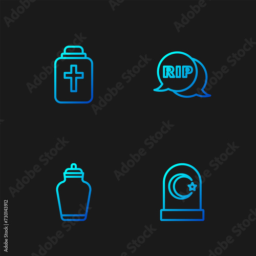 Set line Muslim cemetery, Funeral urn, and Speech bubble rip death. Gradient color icons. Vector