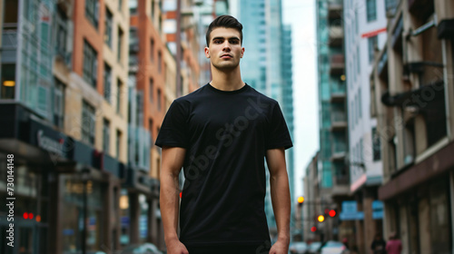 male model walking on the street wearing black t-shirt