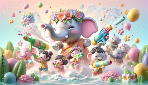 Elephants and children play happily in the water on Songkran Day in Thailand photo