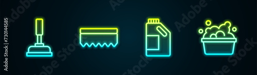 Set line Rubber plunger, Sponge, Bottle for cleaning agent and Basin with soap suds. Glowing neon icon. Vector