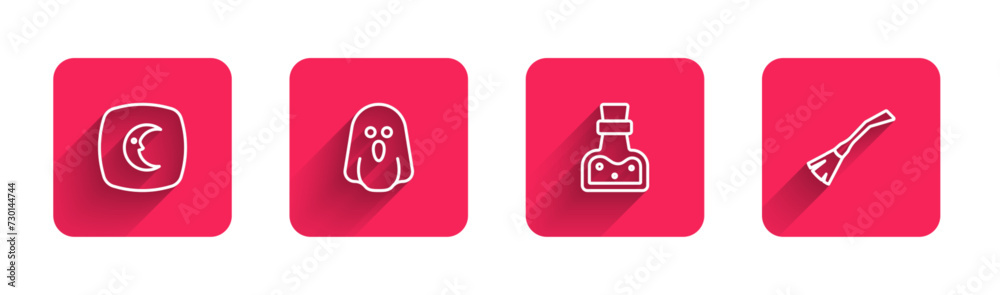 Set line Moon and stars, Ghost, Bottle with potion and Witches broom with long shadow. Red square button. Vector Set line Moon and stars, Ghost, Bottle with potion and Witches broom with long shadow. Red square button. Vector