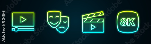 Set line Online play video, Comedy and tragedy masks, Movie clapper and 8k Ultra HD. Glowing neon icon. Vector