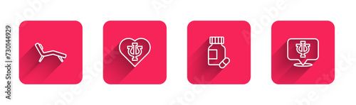 Set line Armchair, Psychology, Psi, Sedative pills and with long shadow. Red square button. Vector