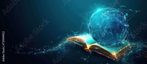 Futuristic global education with open book and globe map on blue background. AI generated image