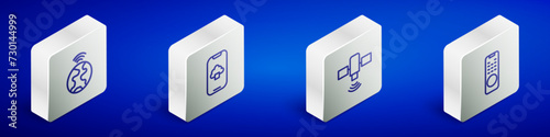 Set Isometric line Global technology, Cloud data, Satellite and Remote control icon. Vector