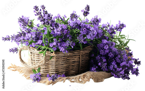 Lavender Bunch in Rustic Basket Alone on White Background