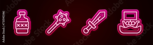 Set line Whiskey bottle, Mace with spikes, Medieval sword and Viking ship Drakkar. Glowing neon icon. Vector