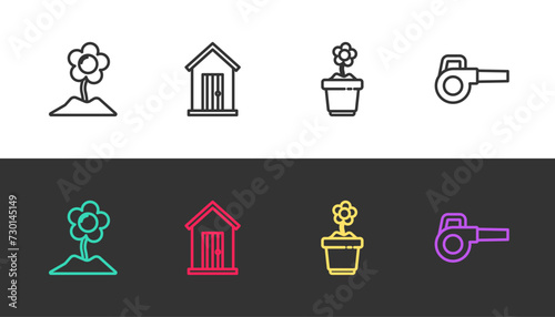 Set line Flower, Farm house, in pot and Leaf garden blower on black and white. Vector